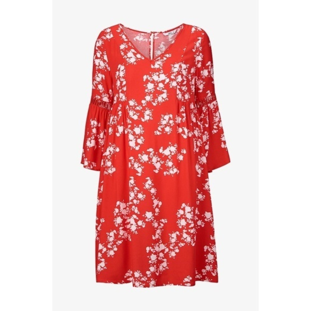 Ellos red white floral bell sleeve dress v neck keyhole size 26